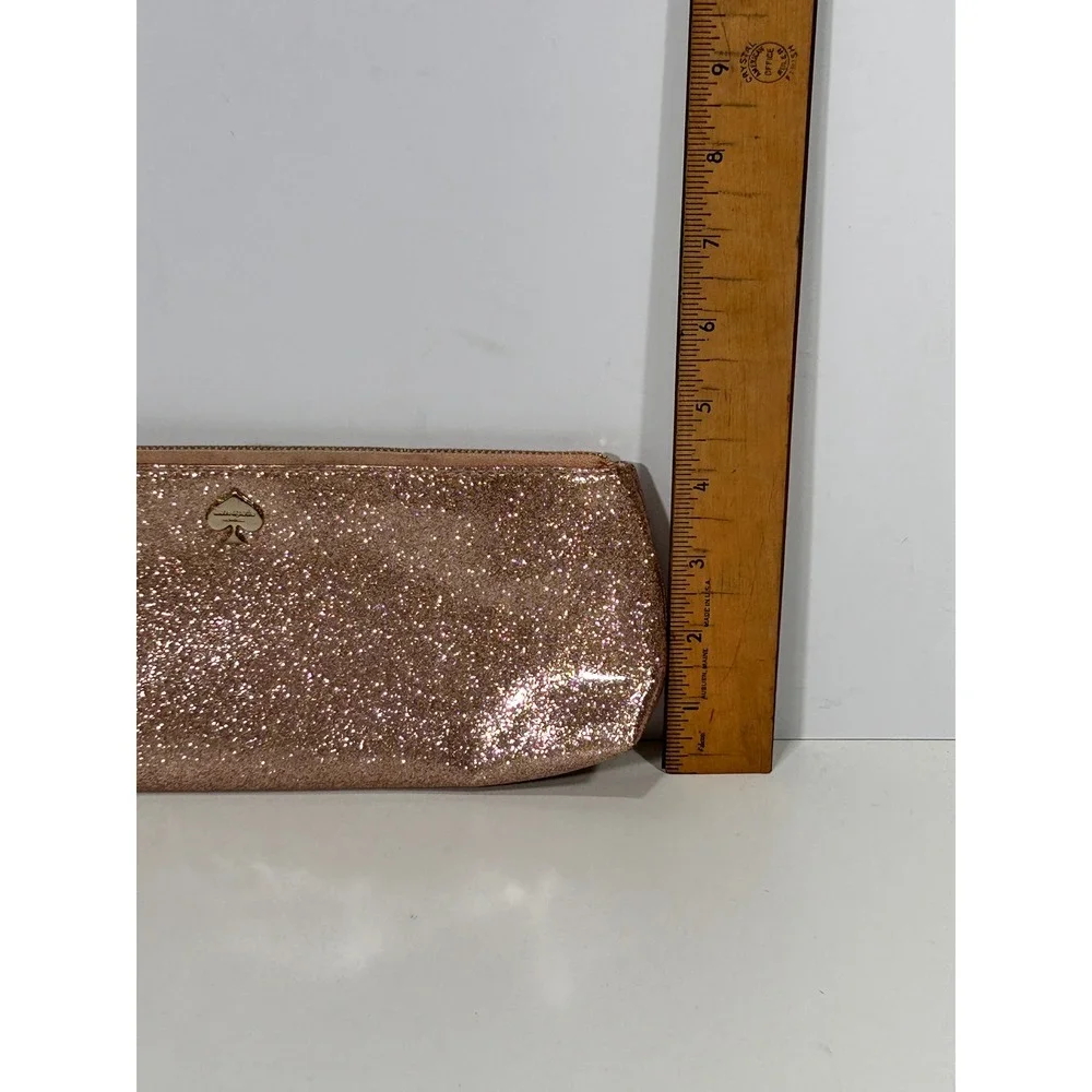 Kate Spade Rose Gold Glitter Zip Cosmetic Pouch Makeup Bag Polka Dot Lining